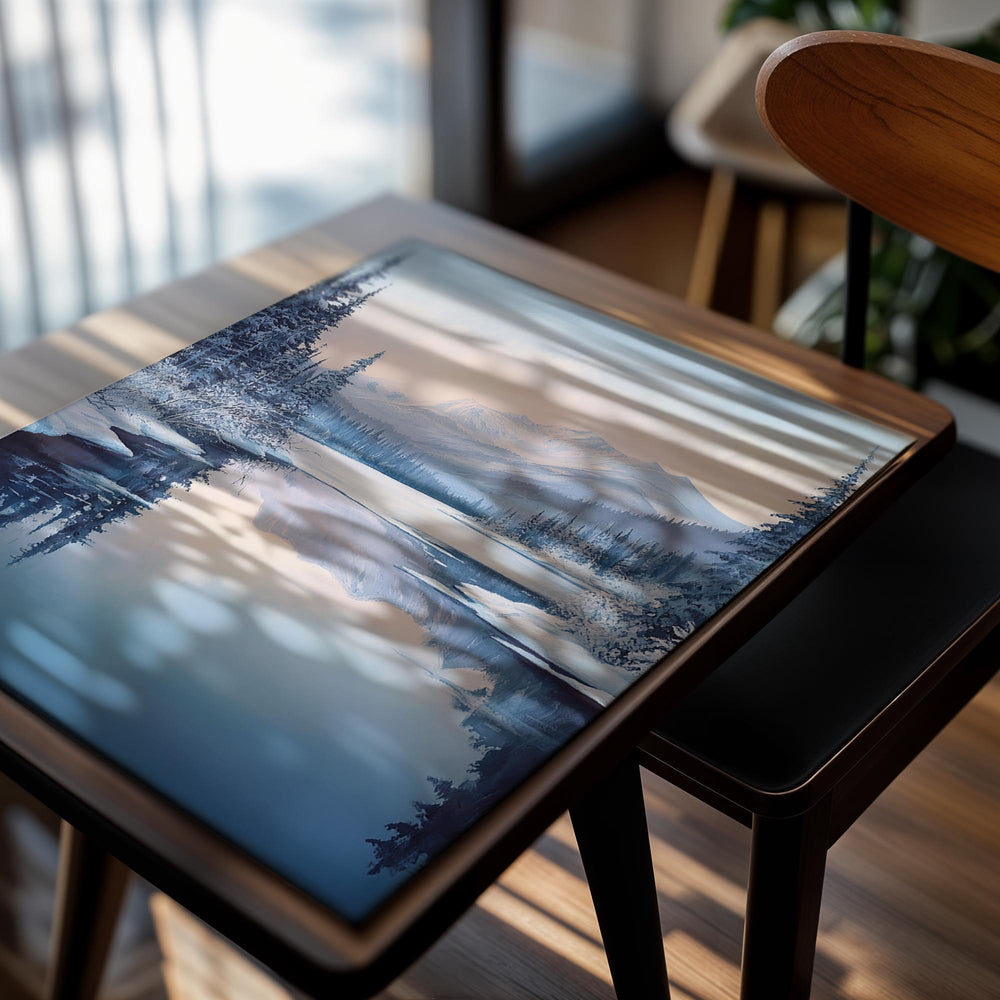 Winter landscape with snow-covered trees, a lake, and mountains, as a premium aluminum metal print from GoMetalPrint.
