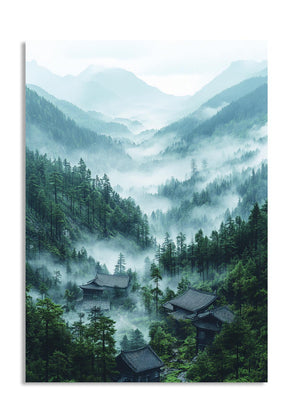 Misty mountain landscape with traditional buildings surrounded by trees, as a premium aluminum metal print from GoMetalPrint.
