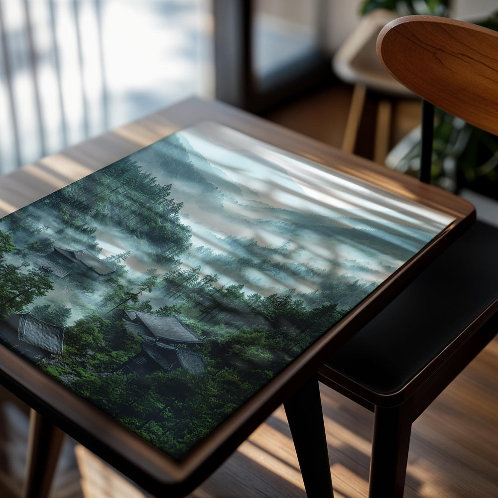 Misty mountain landscape with traditional buildings surrounded by trees, as a premium aluminum metal print from GoMetalPrint.
