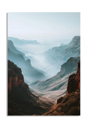 Mountain landscape with misty valleys and rugged cliffs, as a premium aluminum metal print from GoMetalPrint.

