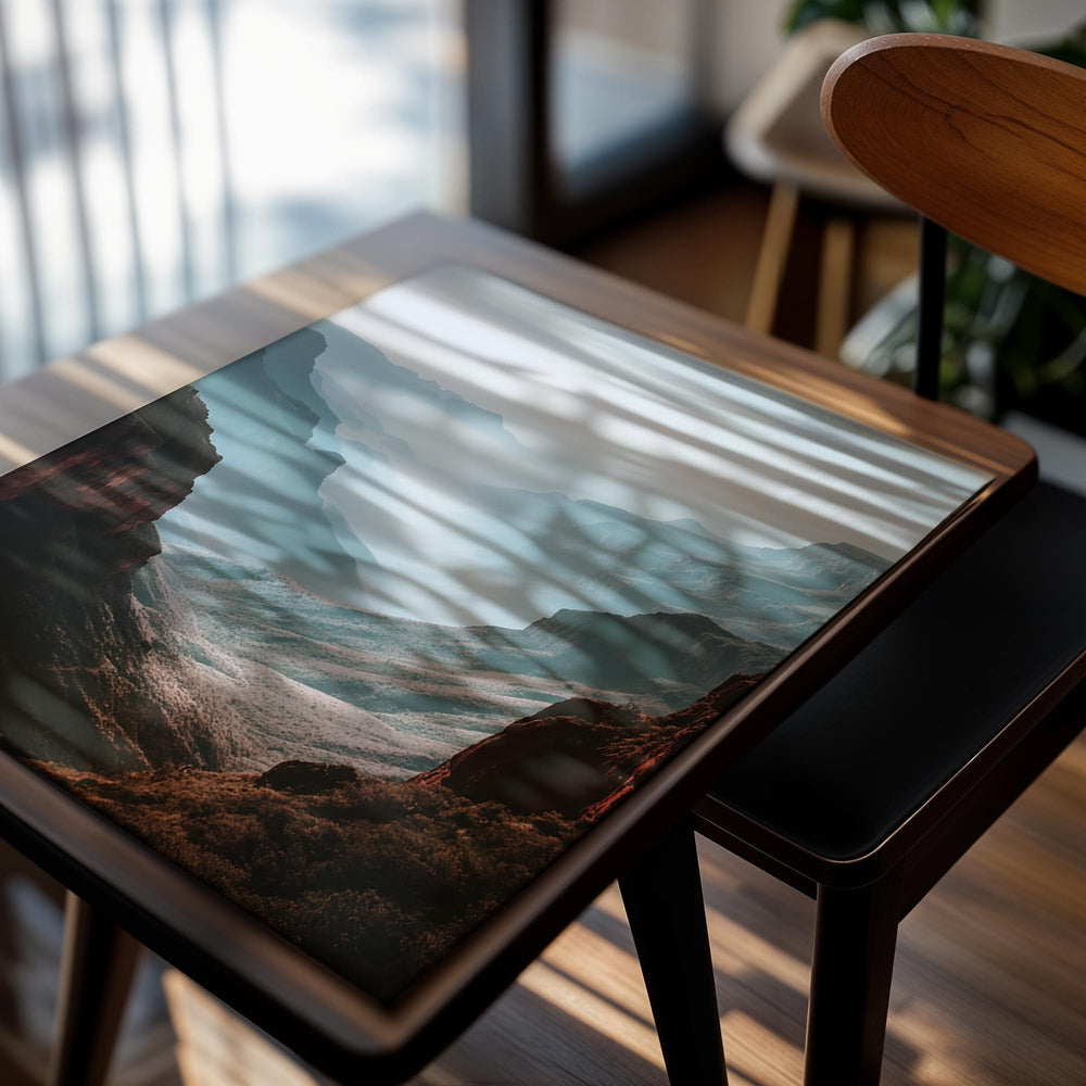 Mountain landscape with misty valleys and rugged cliffs, as a premium aluminum metal print from GoMetalPrint.
