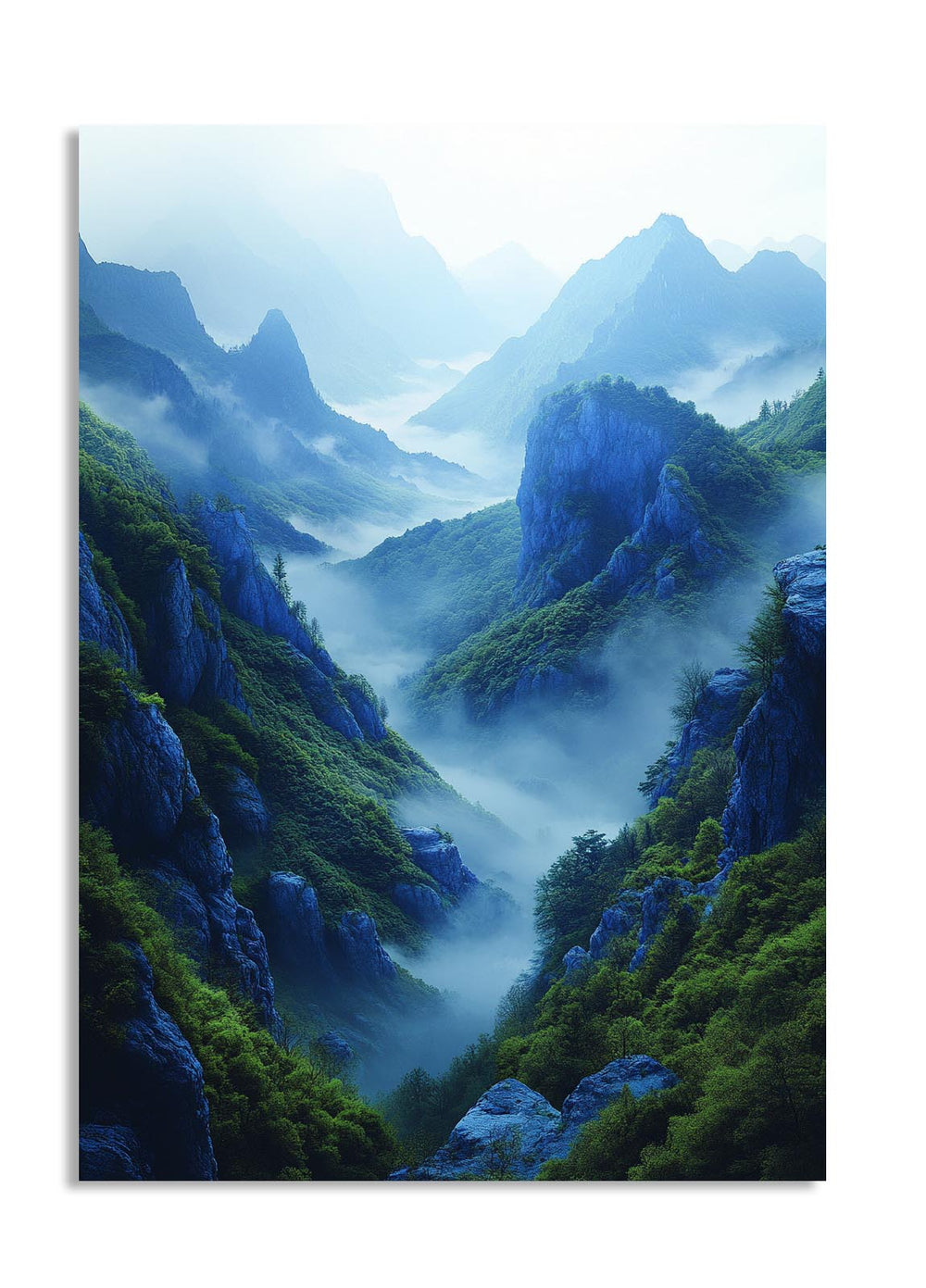 Mountain landscape with misty valleys and blue tones, as a premium aluminum metal print from GoMetalPrint.
