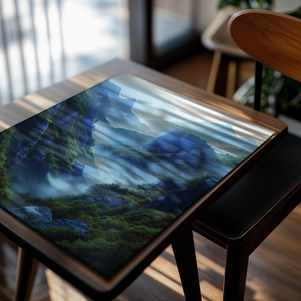 Mountain landscape with misty valleys and blue tones, as a premium aluminum metal print from GoMetalPrint.
