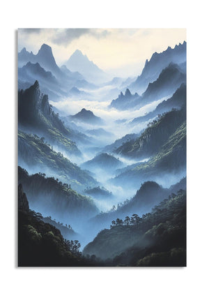 Painting of a mountain landscape with mist and greenery, as a premium aluminum metal print from GoMetalPrint.
