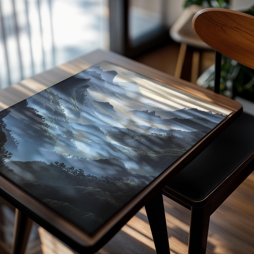 Painting of a mountain landscape with mist and greenery, as a premium aluminum metal print from GoMetalPrint.
