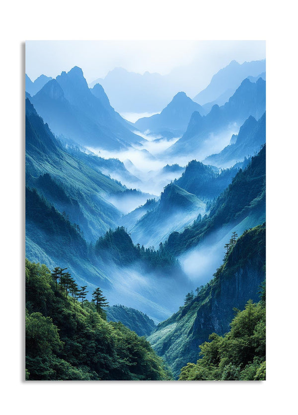Mountain landscape with blue and green hues, as a premium aluminum metal print from GoMetalPrint.
