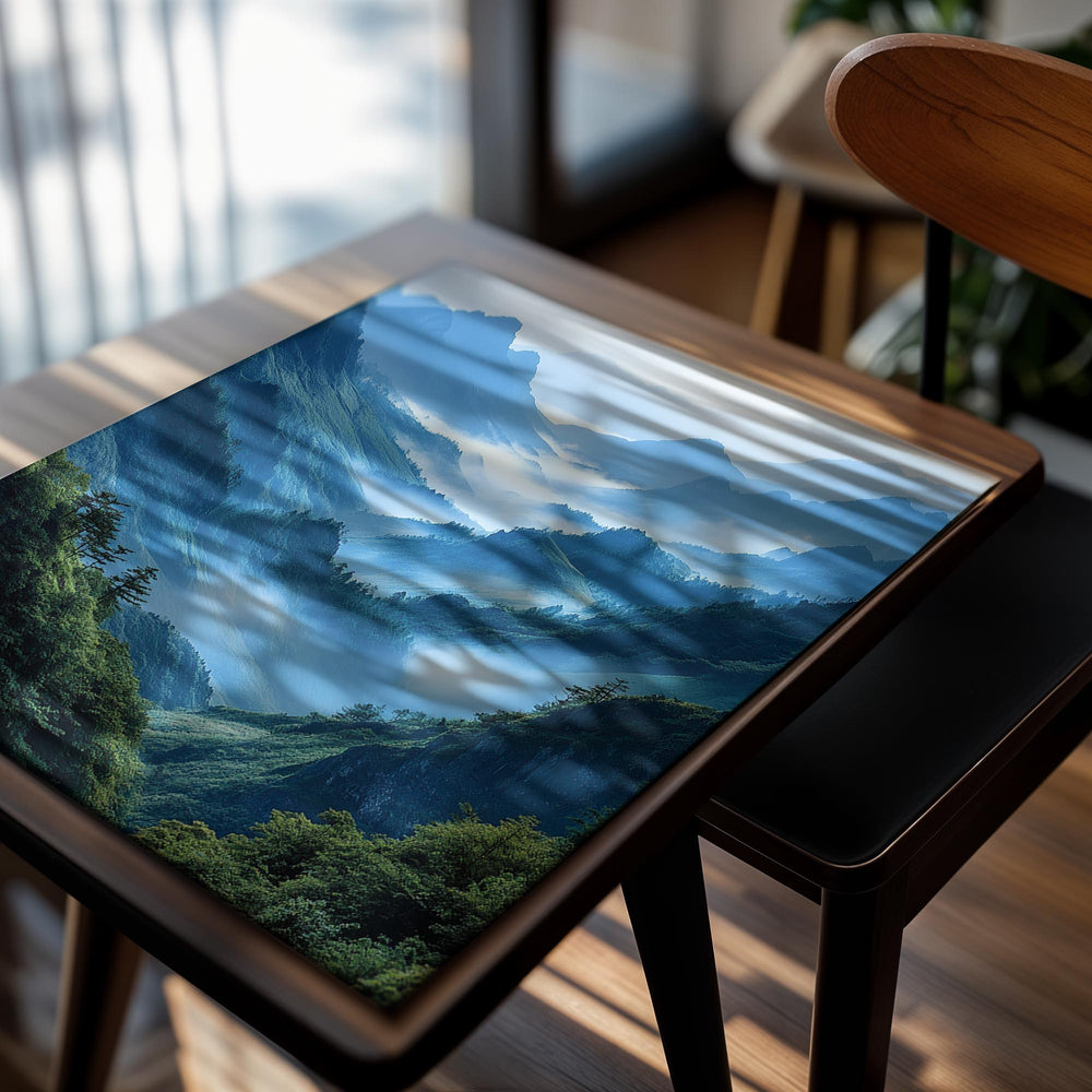 Mountain landscape with blue and green hues, as a premium aluminum metal print from GoMetalPrint.
