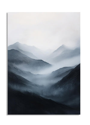 Artistic depiction of mountains with a misty atmosphere on a white background , as a premium aluminum metal print from GoMetalPrint.
