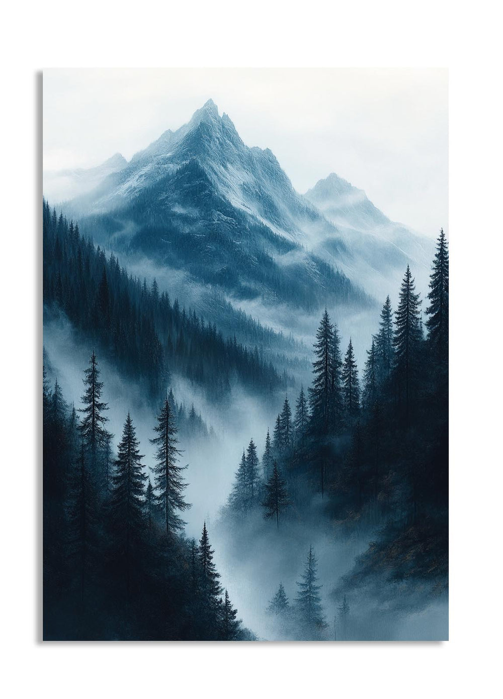 Mountain landscape with trees shrouded in mist on a white background, as a premium aluminum metal print from GoMetalPrint.
