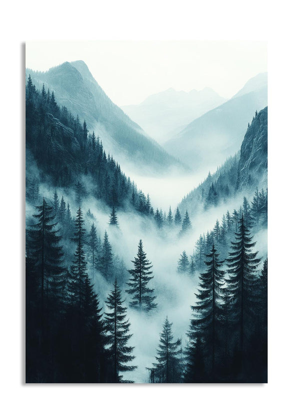 Forest scene with misty mountains in a painting style, as a premium aluminum metal print from GoMetalPrint.
