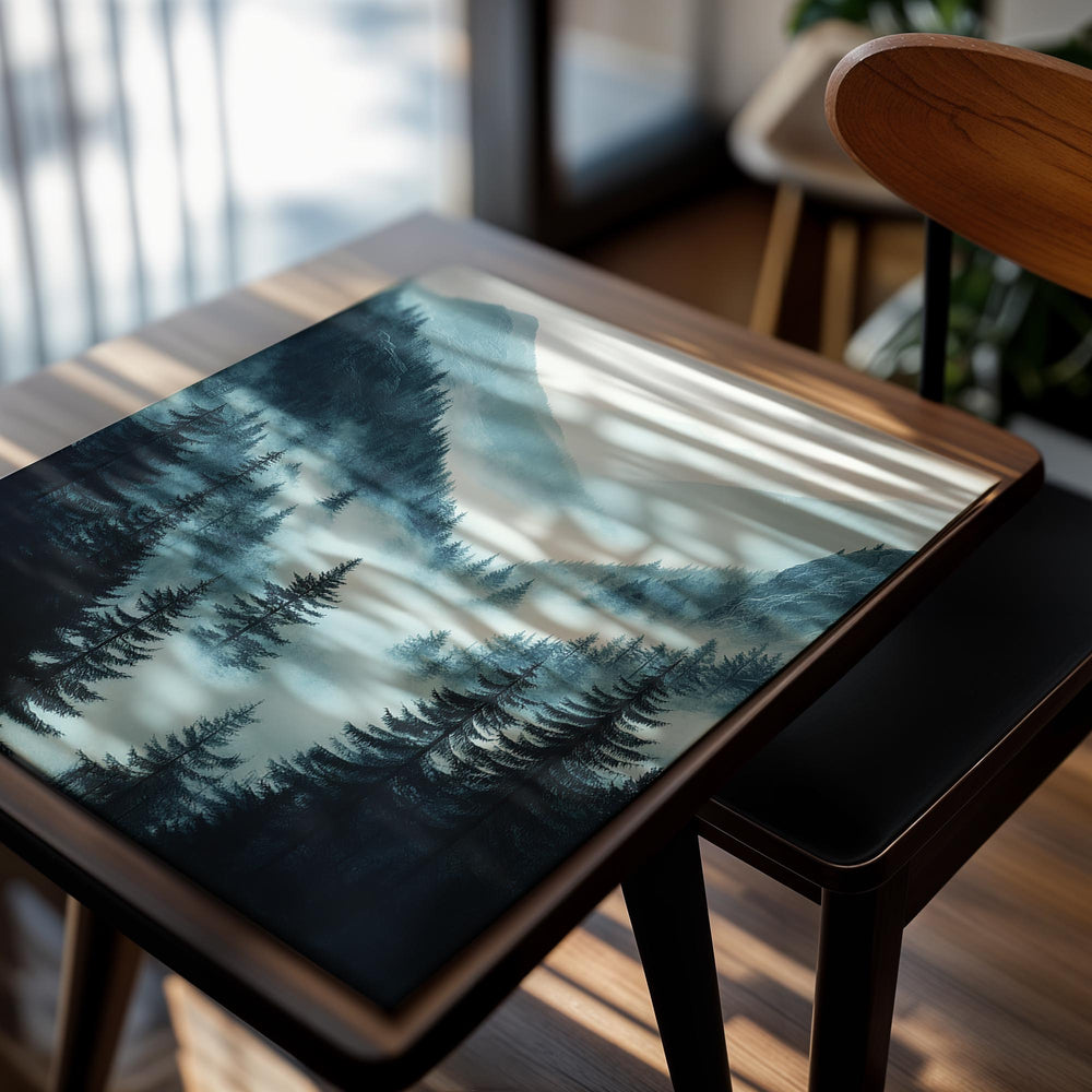 Forest scene with misty mountains in a painting style, as a premium aluminum metal print from GoMetalPrint.
