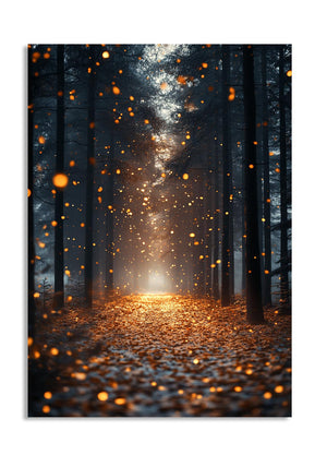 Forest path with glowing lights at the end, as a premium aluminum metal print from GoMetalPrint.
