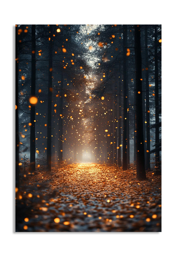 Forest path with glowing lights at the end, as a premium aluminum metal print from GoMetalPrint.
