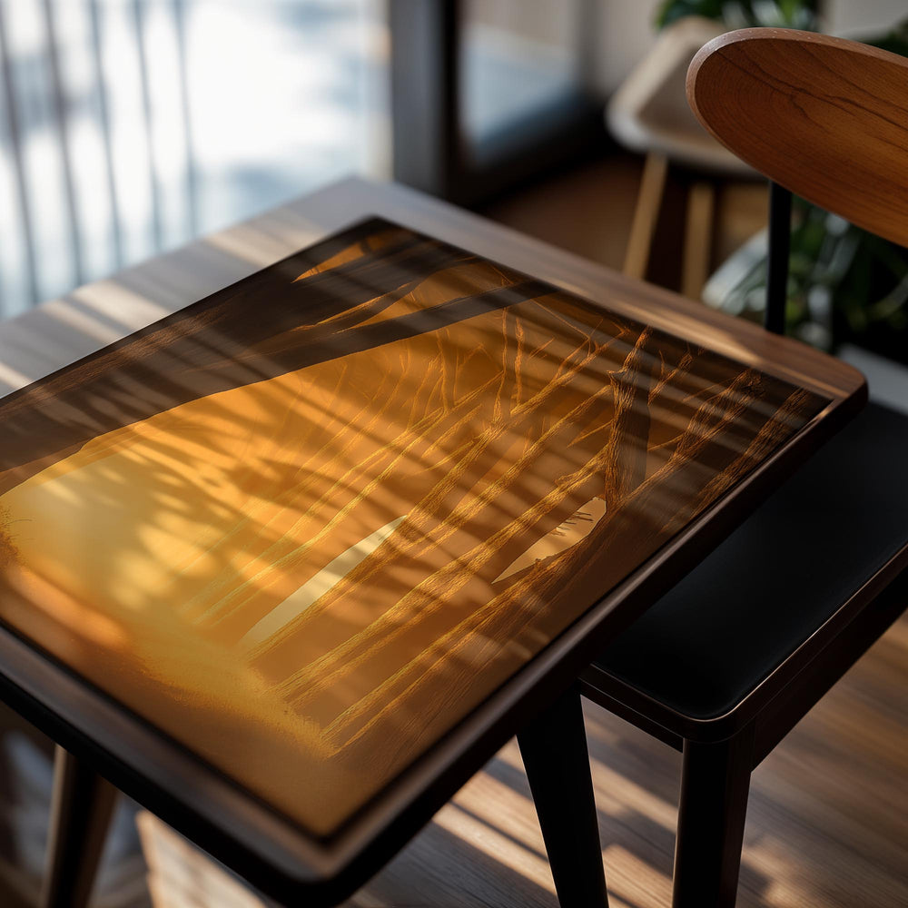 Forest scene with a warm, glowing light at the center, as a premium aluminum metal print from GoMetalPrint.
