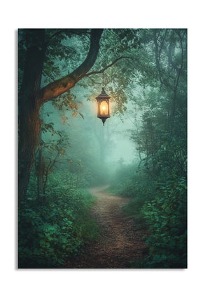 Foggy forest path with a hanging lantern, as a premium aluminum metal print from GoMetalPrint.
