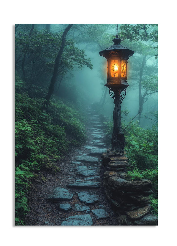 Foggy forest path with a glowing lantern, as a premium aluminum metal print from GoMetalPrint.
