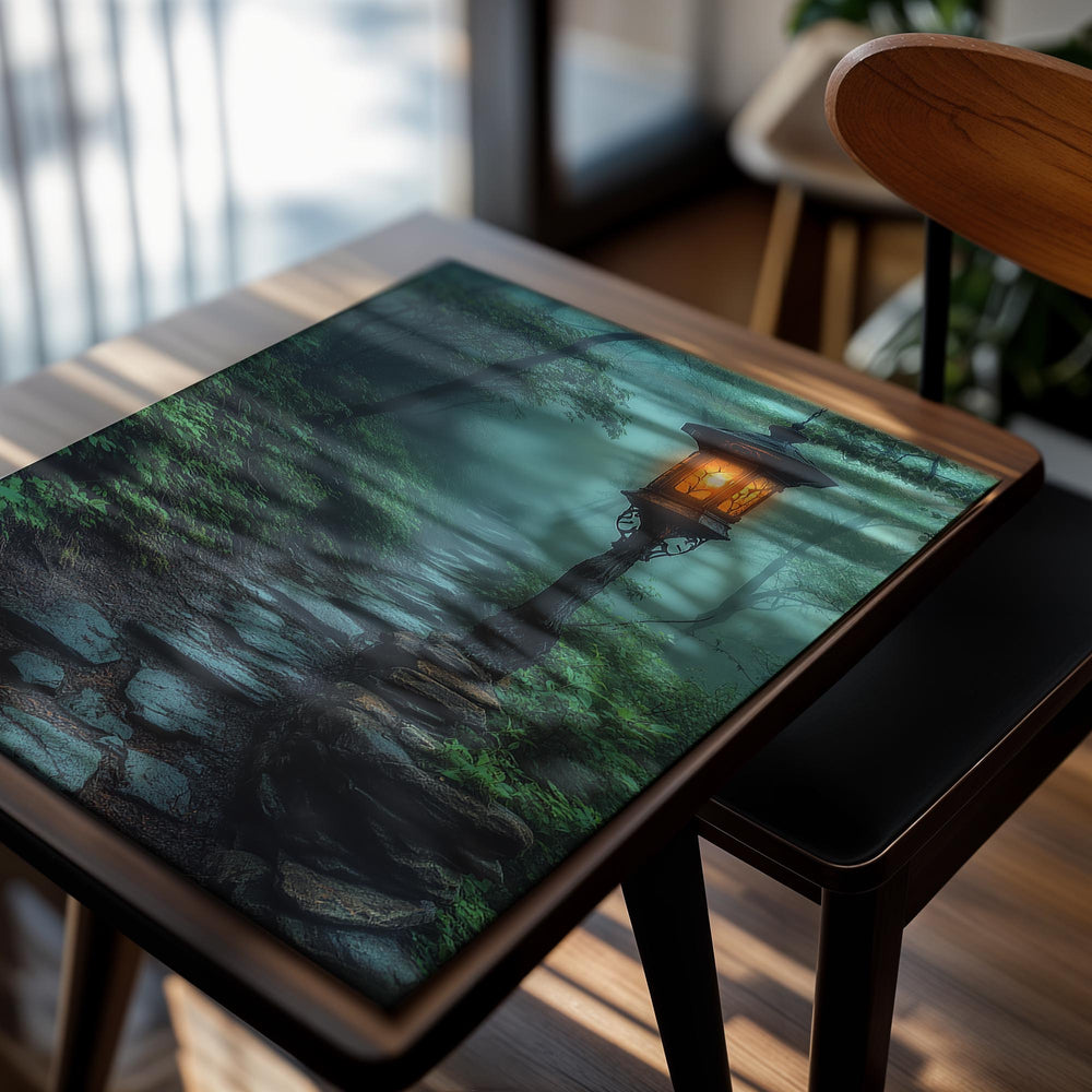 Foggy forest path with a glowing lantern, as a premium aluminum metal print from GoMetalPrint.
