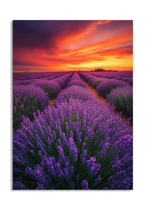 Lavender field with a vibrant sunset sky, as a premium aluminum metal print from GoMetalPrint.
