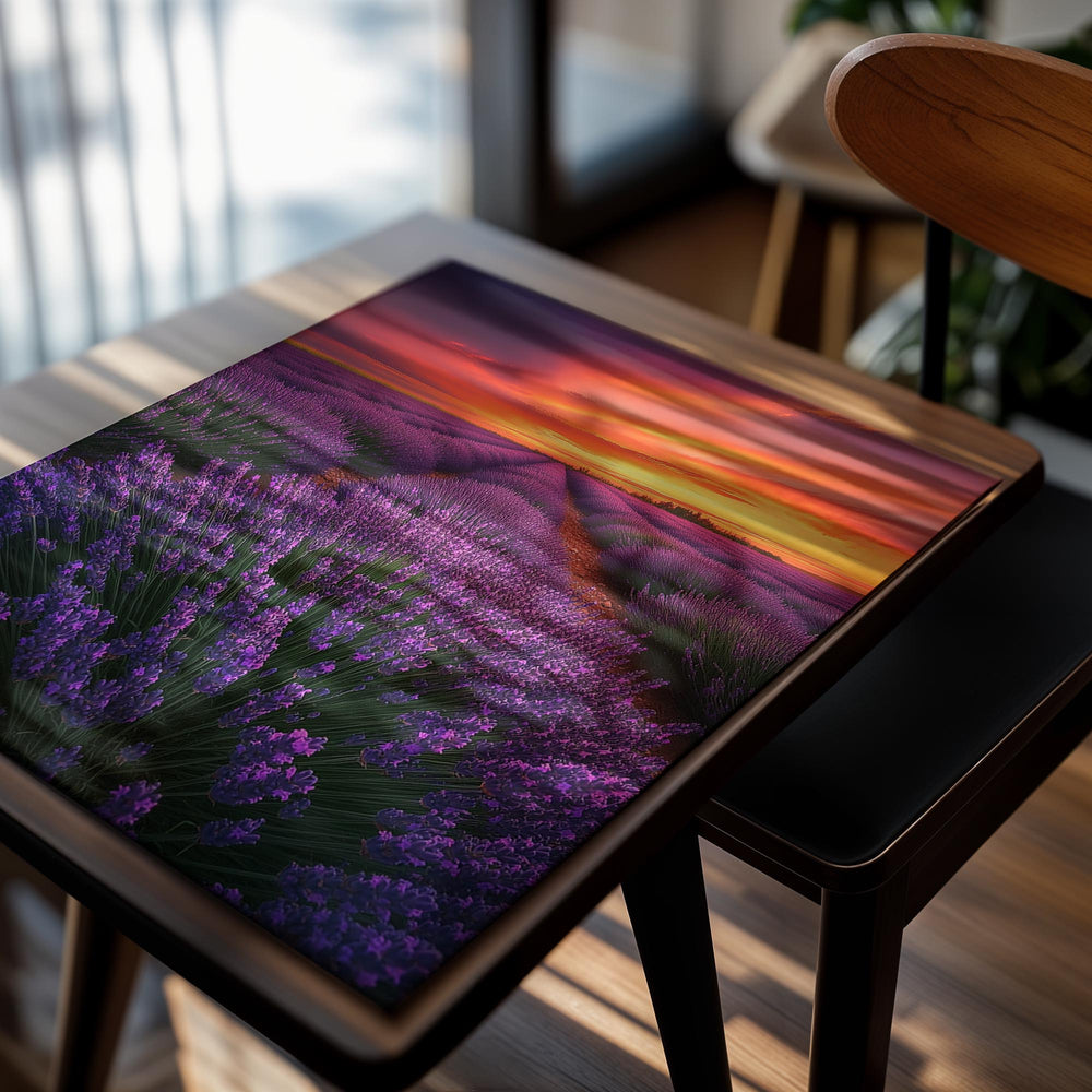 Lavender field with a vibrant sunset sky, as a premium aluminum metal print from GoMetalPrint.
