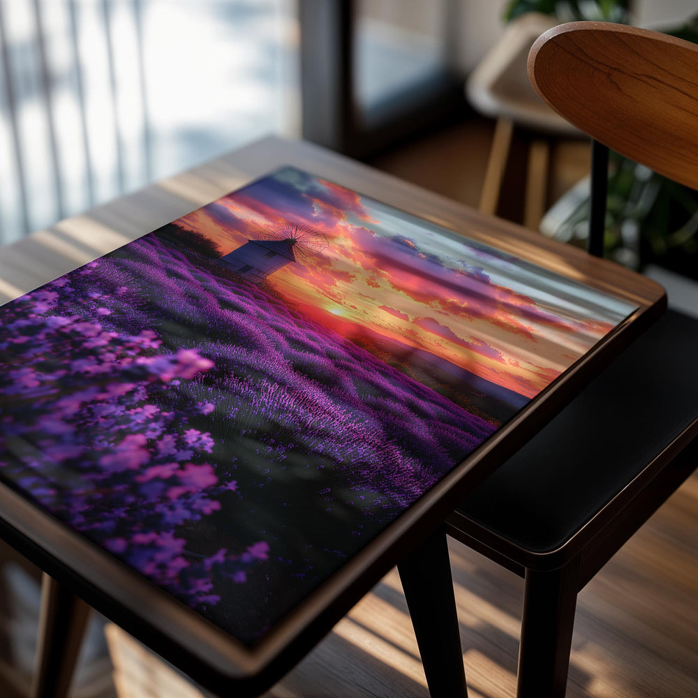 Lavender field with a windmill at sunset, as a premium aluminum metal print from GoMetalPrint.
