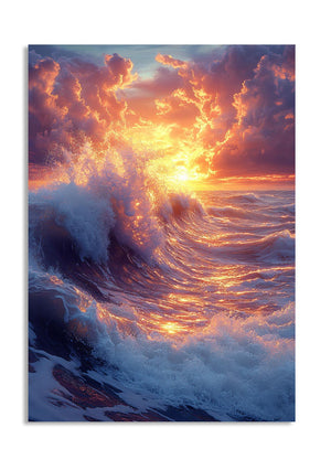 Powerful ocean wave with a sunset sky, as a premium aluminum metal print from GoMetalPrint.
