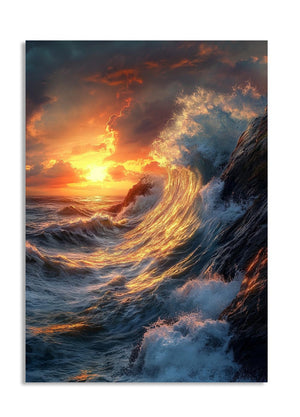 Sunset over the ocean with large waves crashing against rocks, as a premium aluminum metal print from GoMetalPrint.
