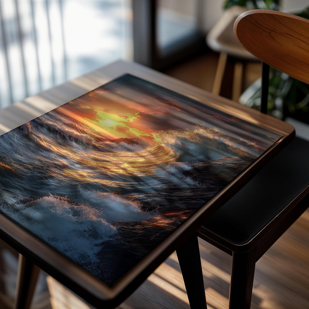 Sunset over the ocean with large waves crashing against rocks, as a premium aluminum metal print from GoMetalPrint.
