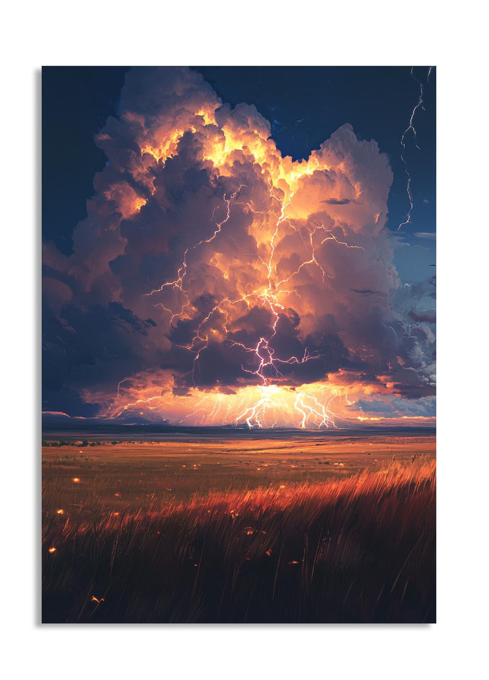 Thunderstorm with lightning over a field at night, as a premium aluminum metal print from GoMetalPrint.
