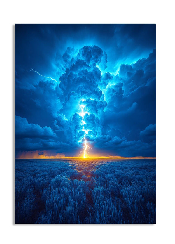 Electric blue lightning bolt over a field with a white background, as a premium aluminum metal print from GoMetalPrint.
