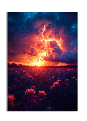 Thunderstorm with lightning over a field at sunset, as a premium aluminum metal print from GoMetalPrint.

