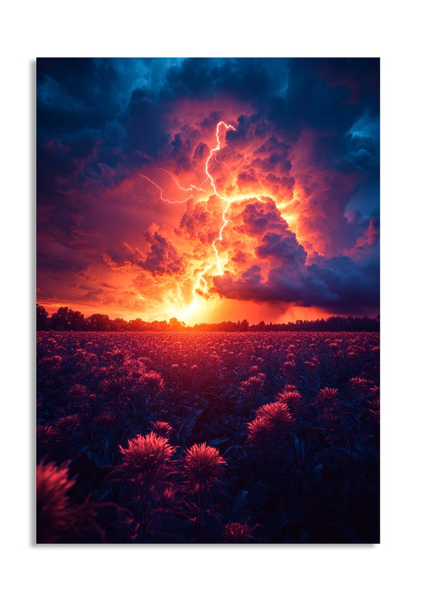 Thunderstorm with lightning over a field at sunset, as a premium aluminum metal print from GoMetalPrint.
