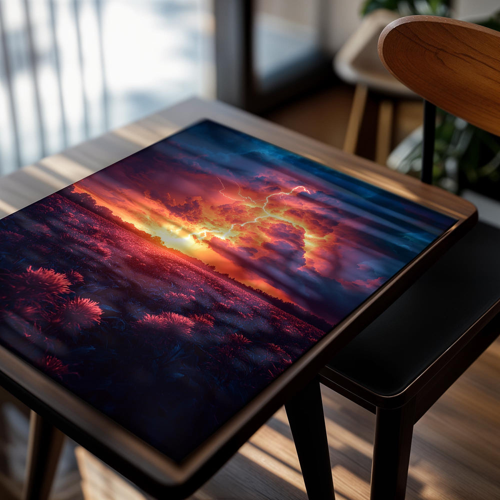 Thunderstorm with lightning over a field at sunset, as a premium aluminum metal print from GoMetalPrint.
