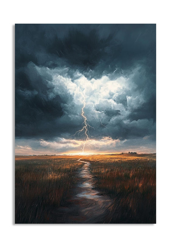 Thunderstorm over a field with a lightning strike, as a premium aluminum metal print from GoMetalPrint.
