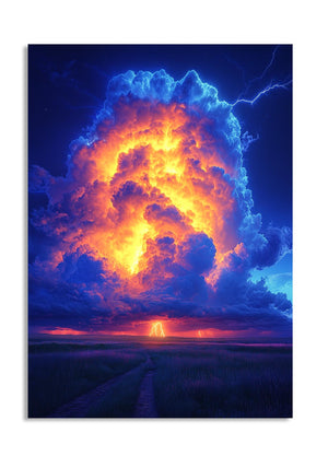 Majestic cloud formation with vibrant colors and lightning over a field, as a premium aluminum metal print from GoMetalPrint.
