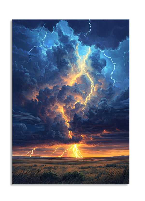 Stunning depiction of a thunderstorm with lightning over a landscape, as a premium aluminum metal print from GoMetalPrint.
