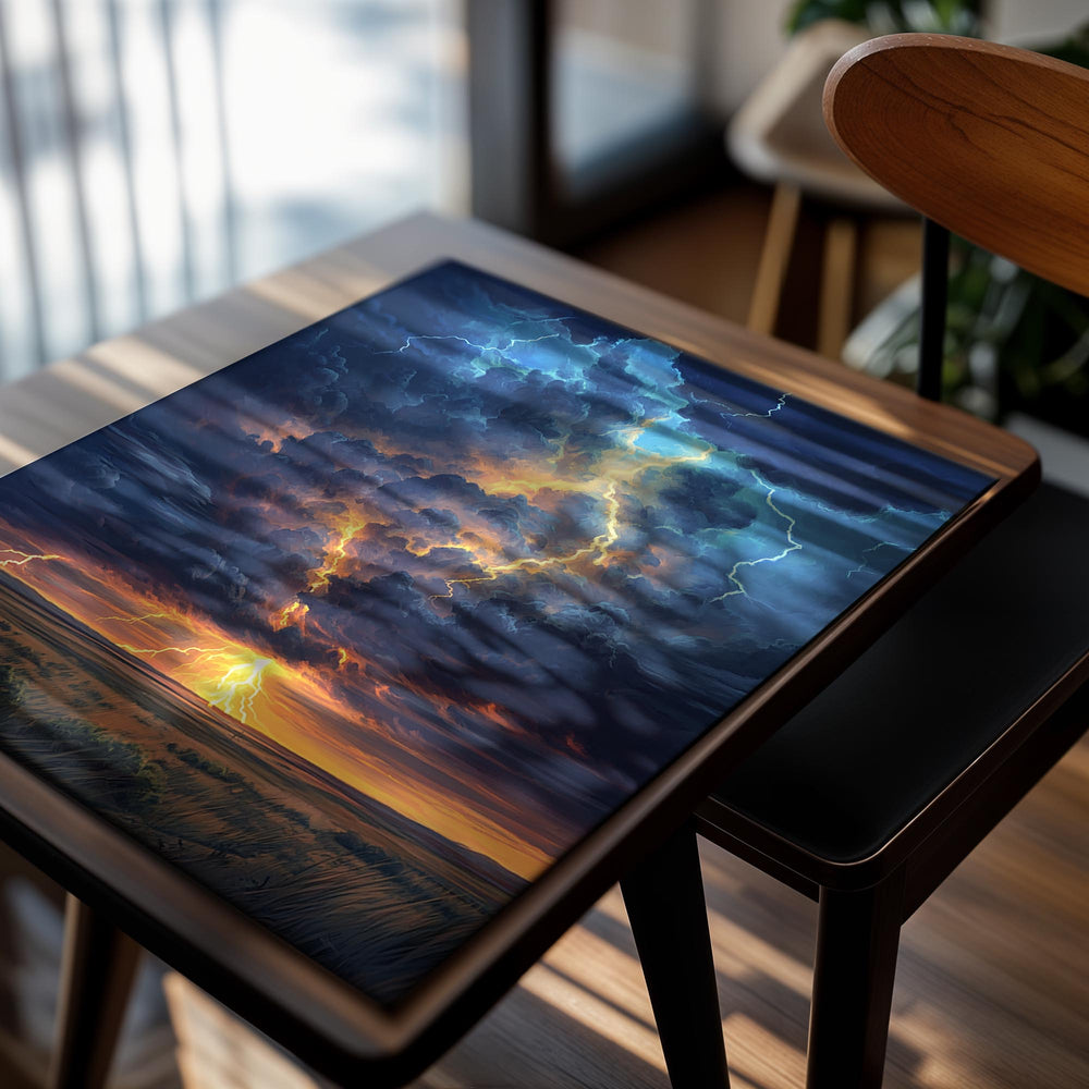 Stunning depiction of a thunderstorm with lightning over a landscape, as a premium aluminum metal print from GoMetalPrint.
