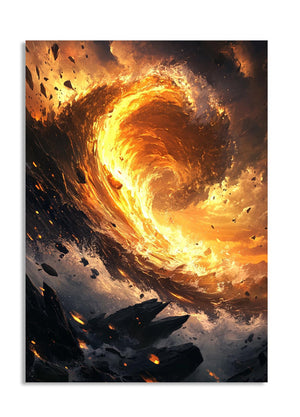Artistic depiction of a swirling vortex with fiery colors and floating rocks, as a premium aluminum metal print from GoMetalPrint.
