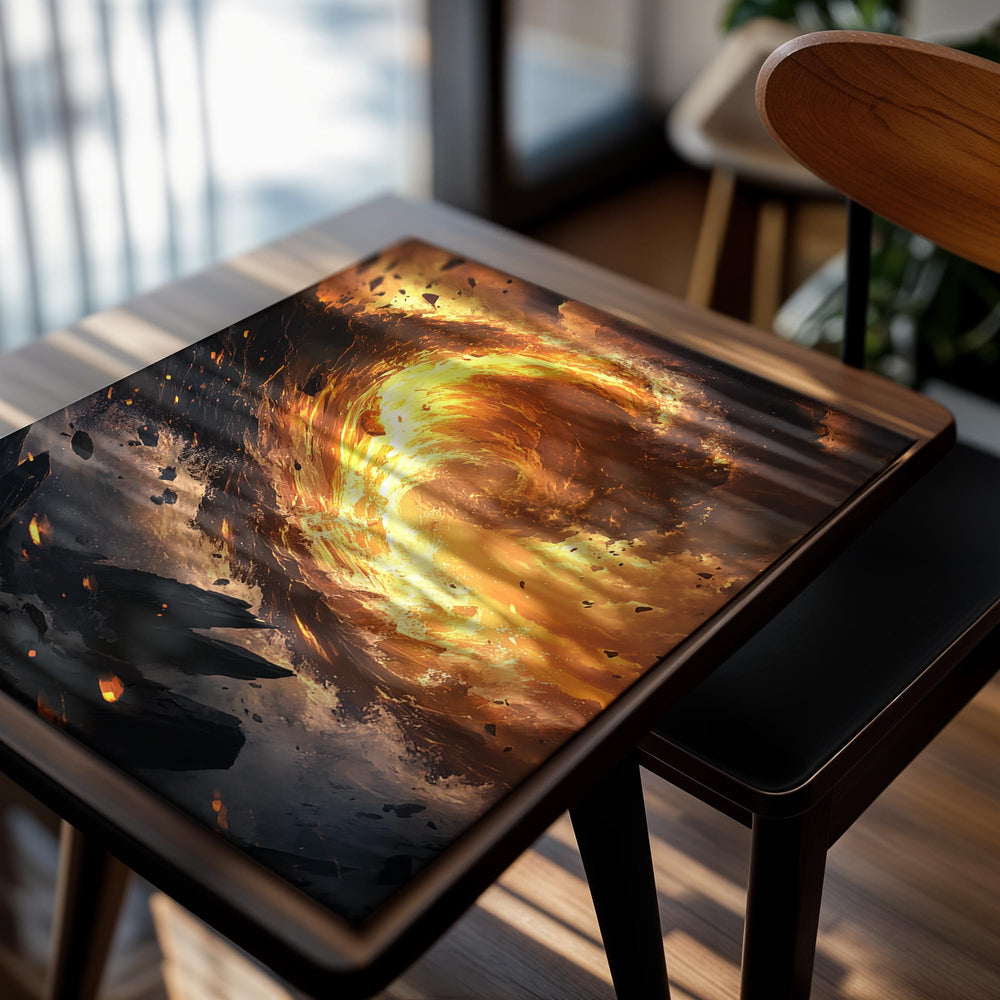Artistic depiction of a swirling vortex with fiery colors and floating rocks, as a premium aluminum metal print from GoMetalPrint.
