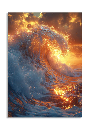 Powerful wave with fiery orange and blue colors, as a premium aluminum metal print from GoMetalPrint.
