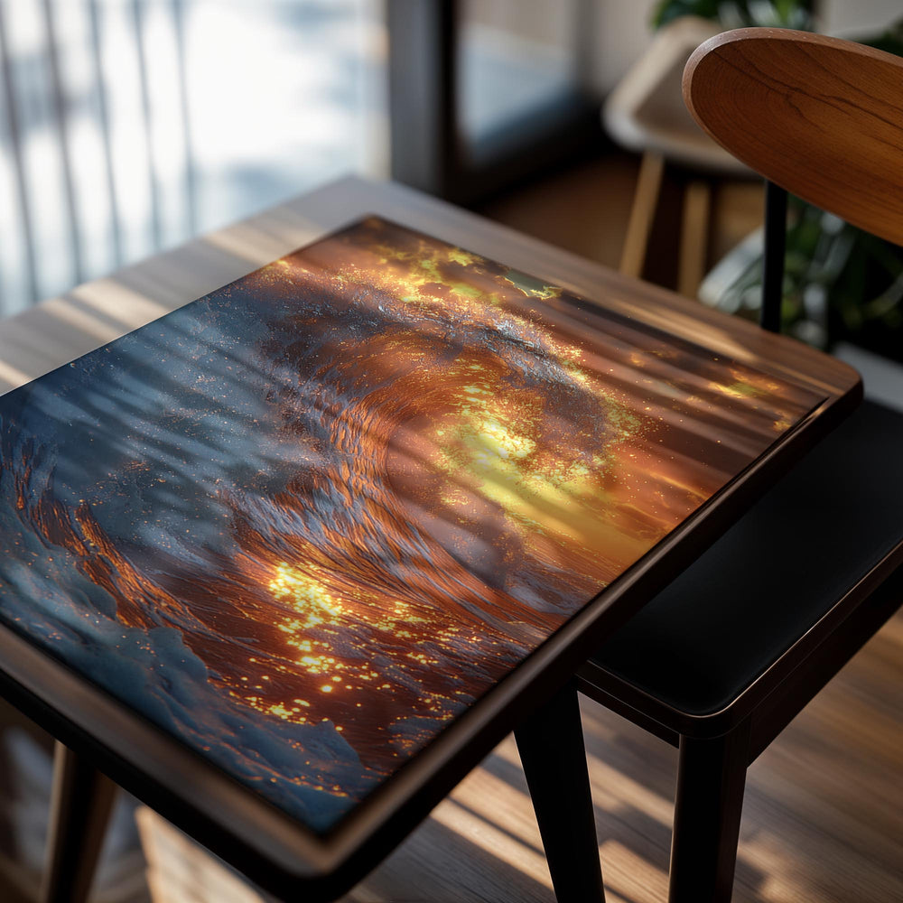 Powerful wave with fiery orange and blue colors, as a premium aluminum metal print from GoMetalPrint.
