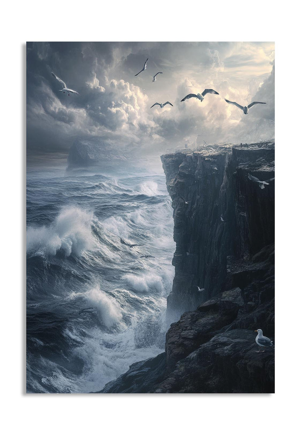 Stormy sea with a rocky cliff and birds flying against a cloudy sky, as a premium aluminum metal print from GoMetalPrint.
