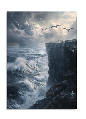 Stormy sea with a rocky cliff and birds flying against a cloudy sky, as a premium aluminum metal print from GoMetalPrint.
