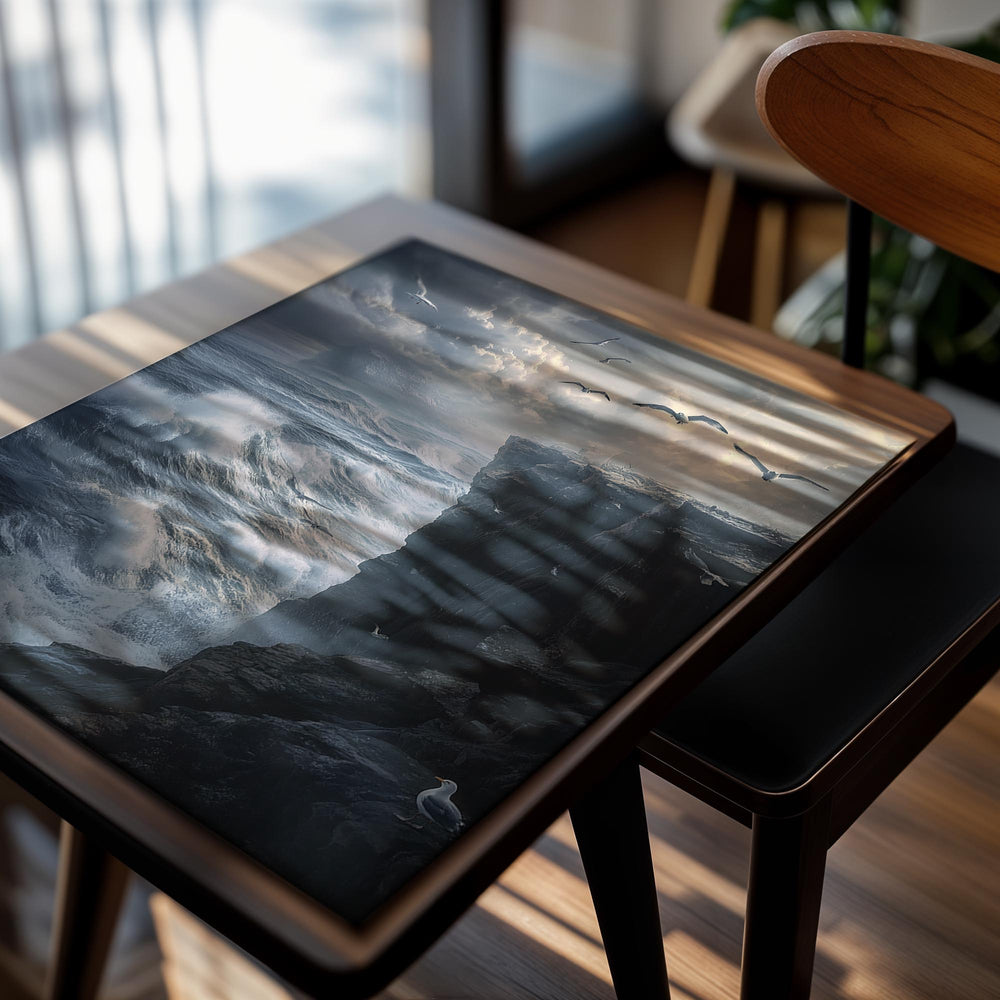 Stormy sea with a rocky cliff and birds flying against a cloudy sky, as a premium aluminum metal print from GoMetalPrint.

