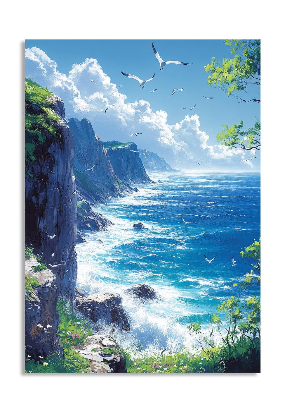 Scenic view of a coastal landscape with cliffs, ocean, and birds, as a premium aluminum metal print from GoMetalPrint.
