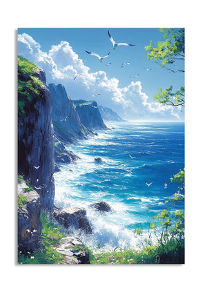 Scenic view of a coastal landscape with cliffs, ocean, and birds, as a premium aluminum metal print from GoMetalPrint.
