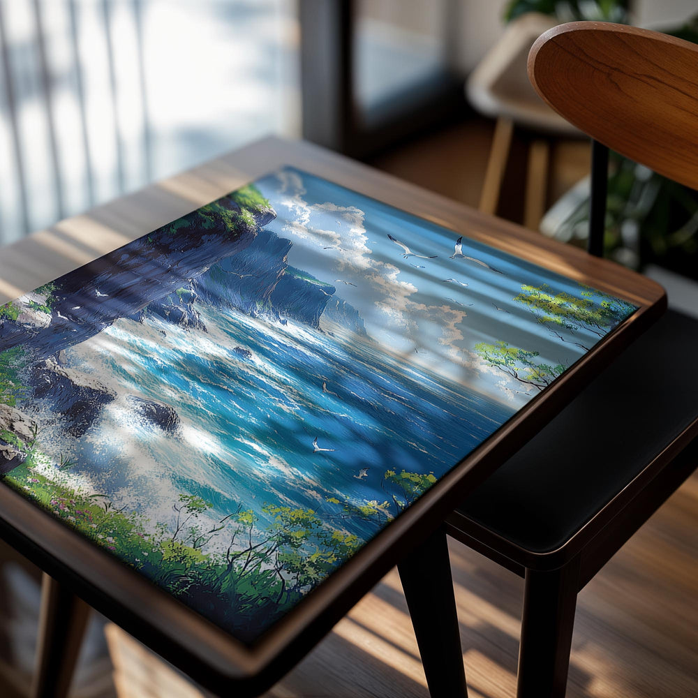 Scenic view of a coastal landscape with cliffs, ocean, and birds, as a premium aluminum metal print from GoMetalPrint.
