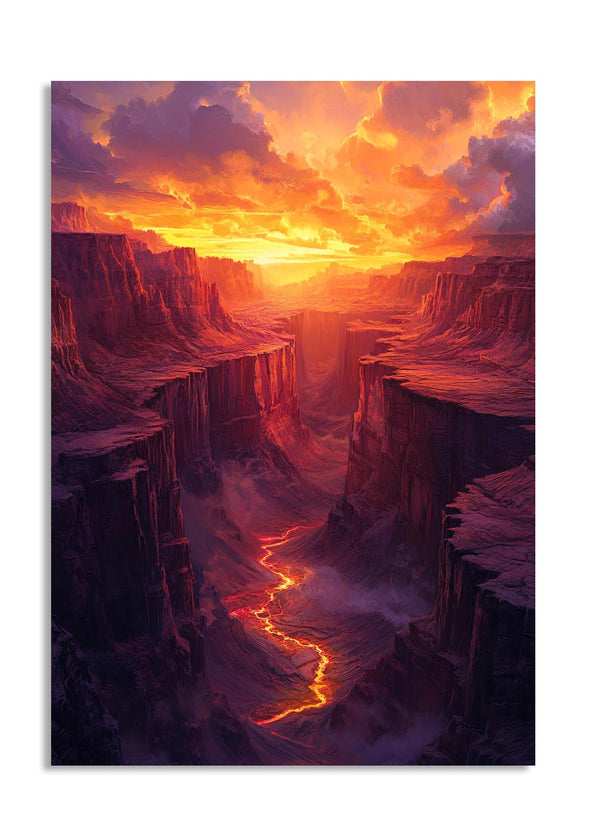 Majestic canyon landscape with fiery orange sky, as a premium aluminum metal print from GoMetalPrint.
