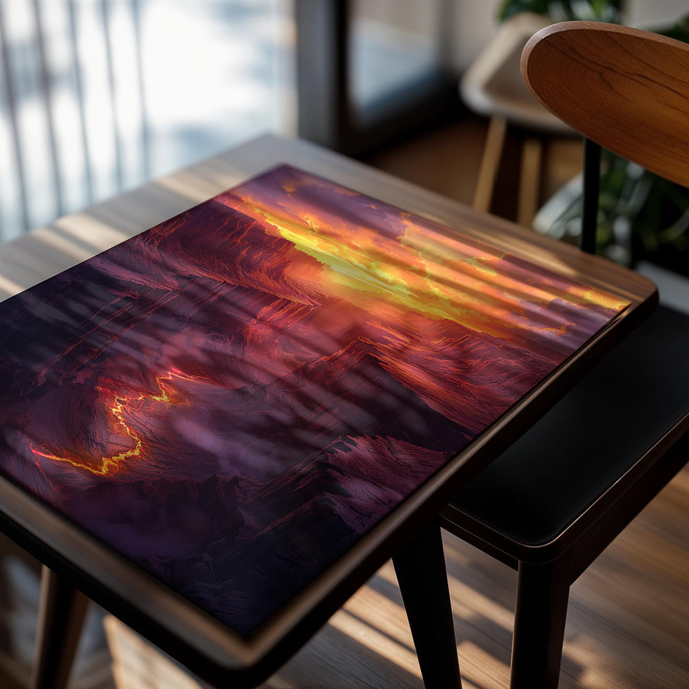 Majestic canyon landscape with fiery orange sky, as a premium aluminum metal print from GoMetalPrint.
