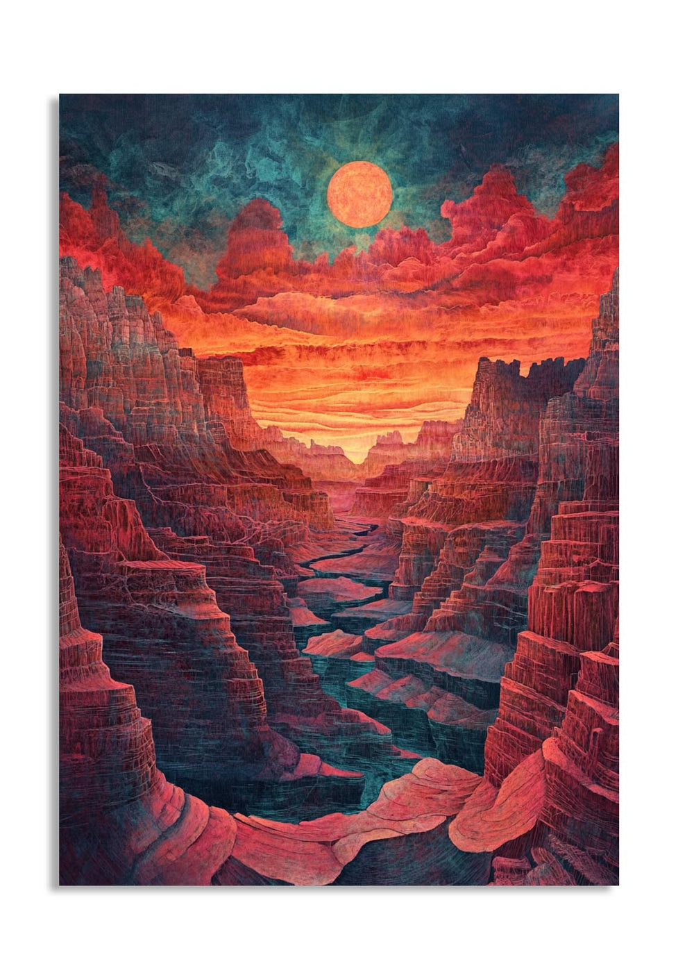 Artistic depiction of a canyon with a dramatic sunset sky, as a premium aluminum metal print from GoMetalPrint.
