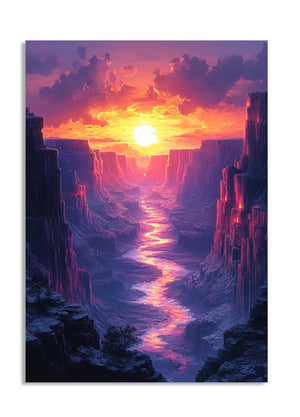 Futuristic canyon scene with a glowing river and sunset, as a premium aluminum metal print from GoMetalPrint.
